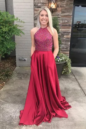 A-Line Halter Backless Sweep Train Burgundy Prom Dress with Beading Pockets LRA41