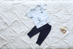 Anchor Print Baby T-Shirt & Pajama Set  Soft Cotton, Easy Diaper Changes