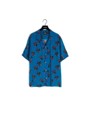Chemise col hawaïen bleue à imprimé fleurs