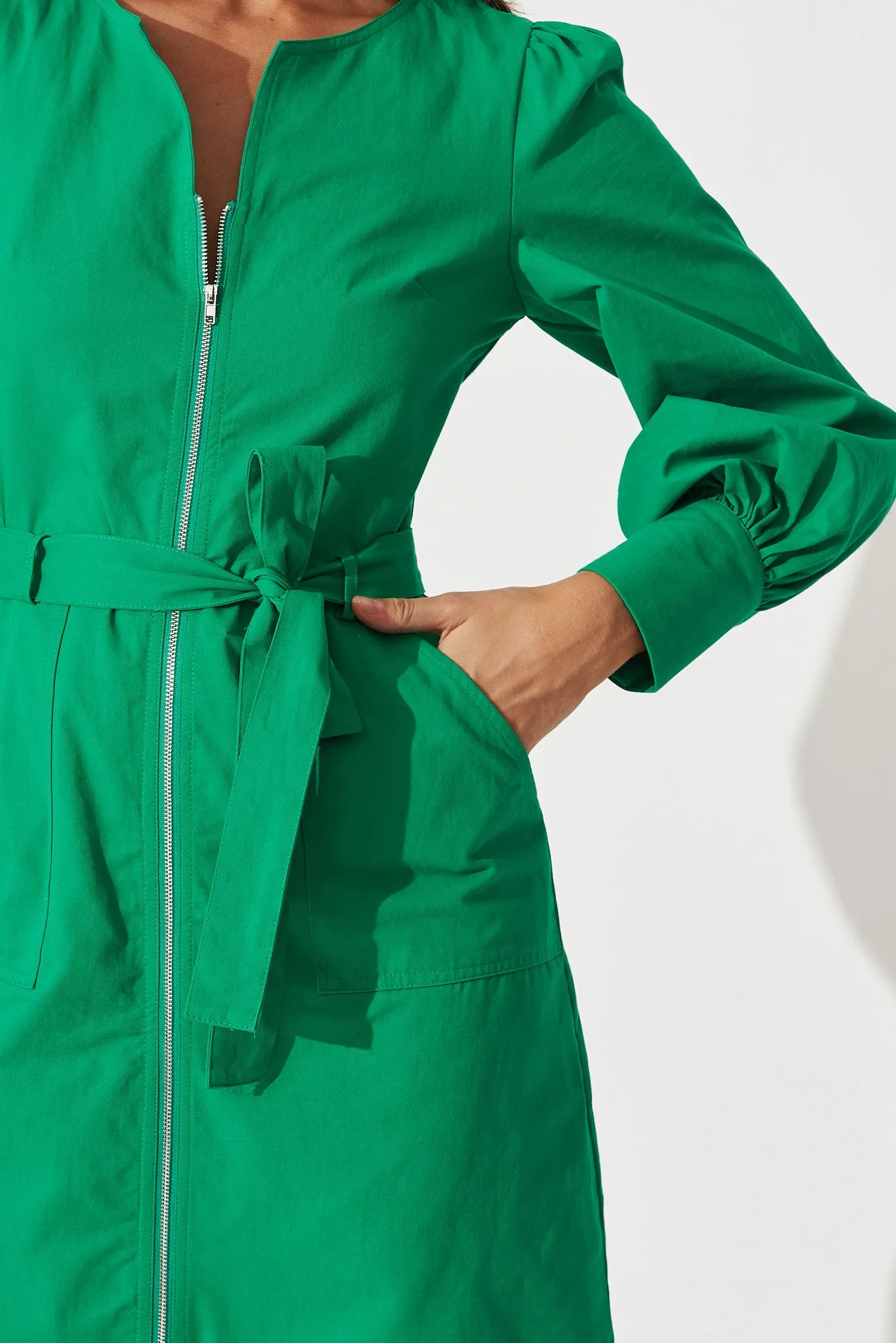 Cheviot Zip Dress In Green Cotton
