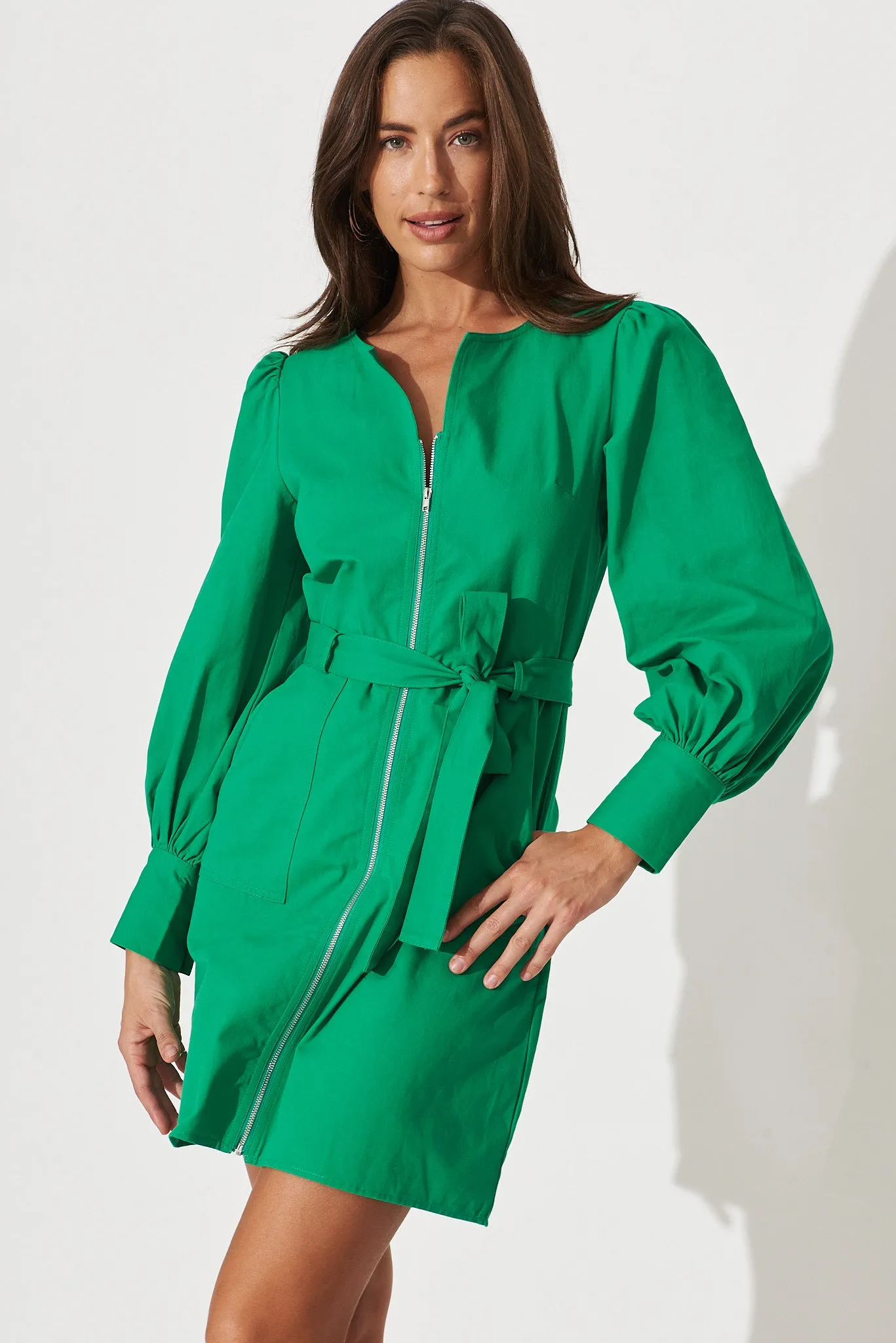 Cheviot Zip Dress In Green Cotton