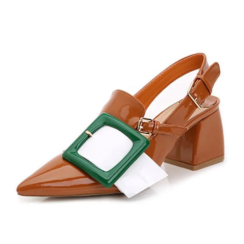Chic Buckle Patent Leather Pointed Toe Chunky Heels