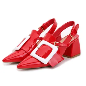 Chic Buckle Patent Leather Pointed Toe Chunky Heels