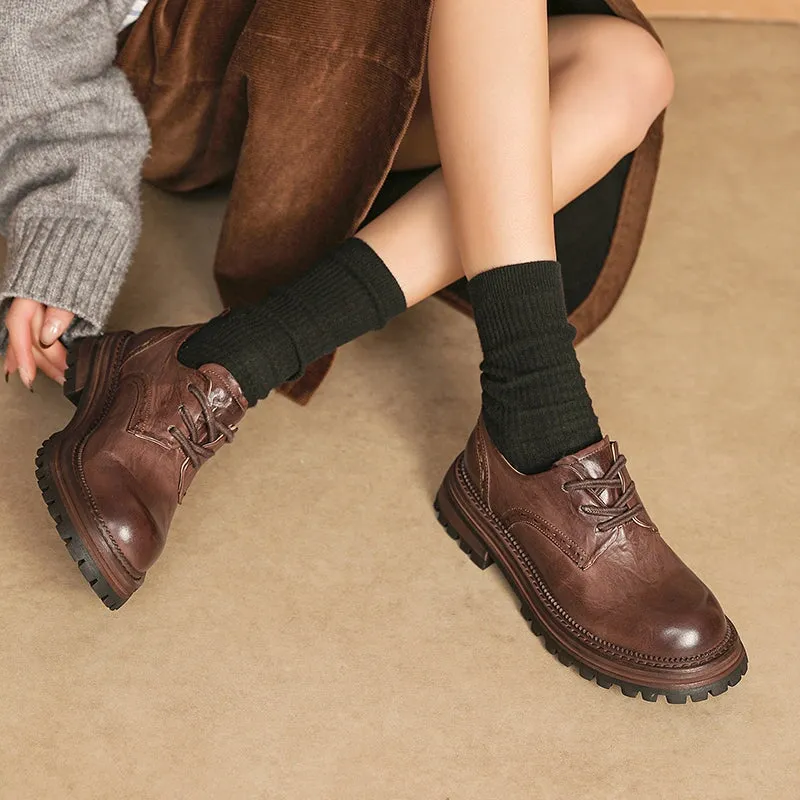 Horse Leather Chunky Oxfords for Women in Brown/Black