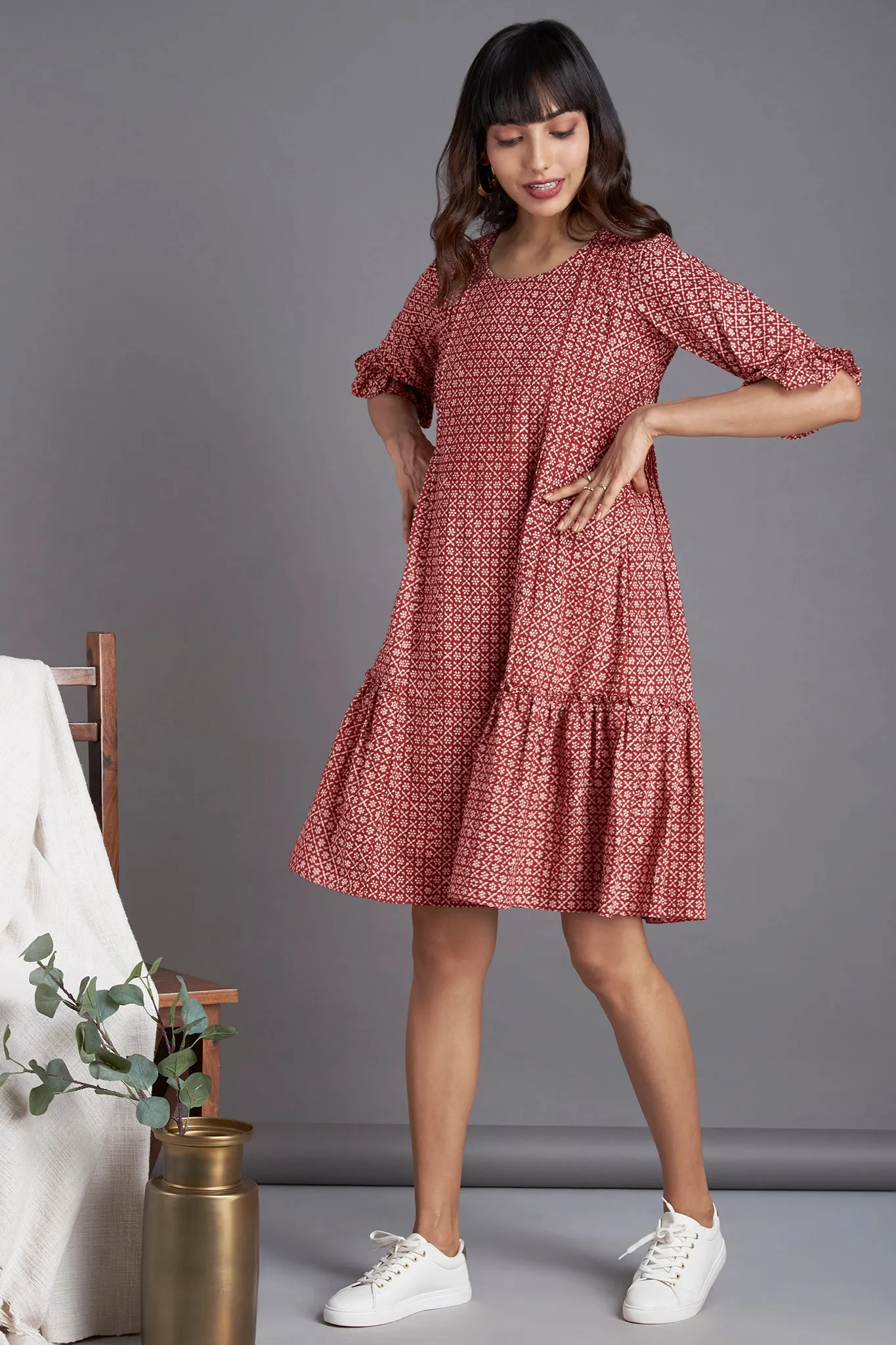 midi dress with ruffled bottom - eclectic madder & botanical cascades