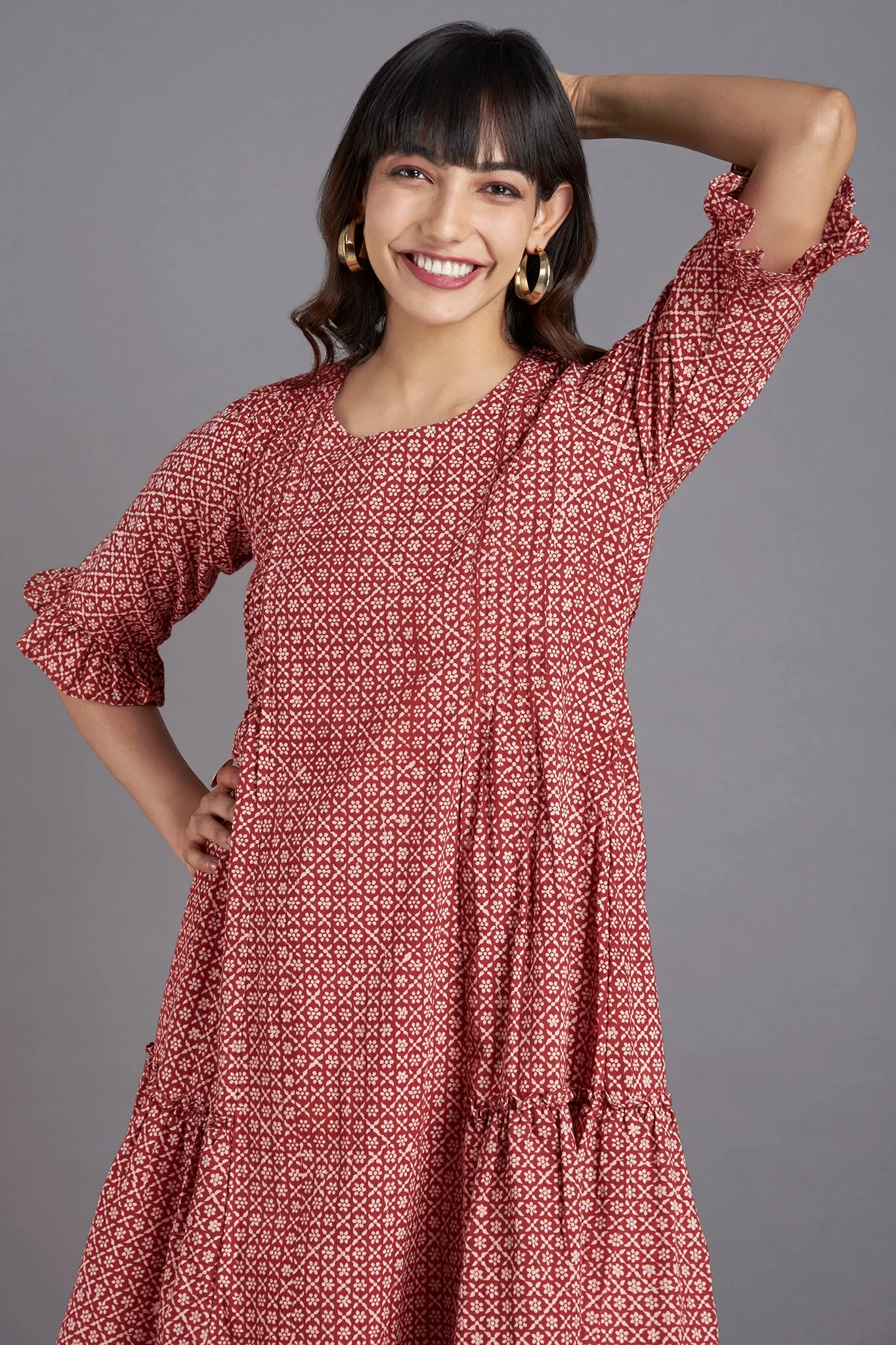 midi dress with ruffled bottom - eclectic madder & botanical cascades