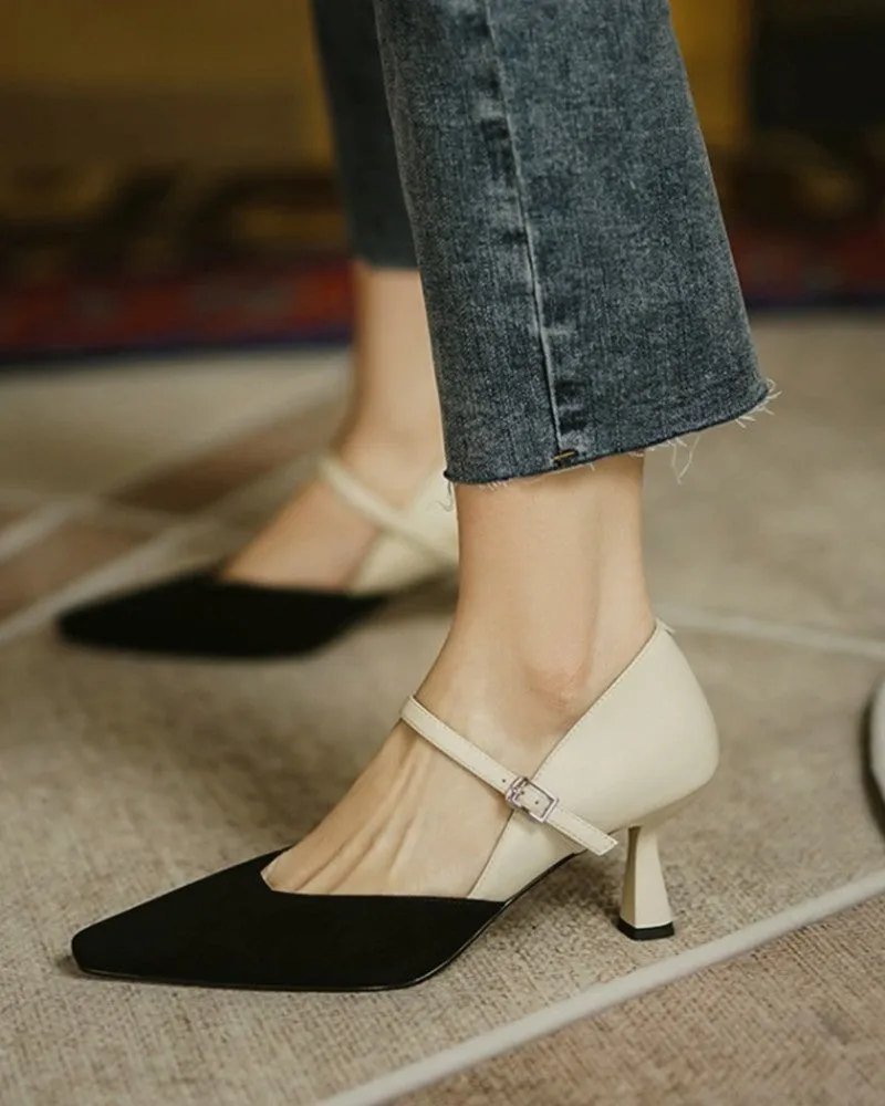 Pointed Toe Colorblock Suede Patch Buckled Heels