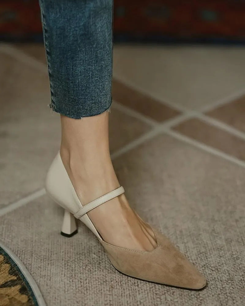 Pointed Toe Colorblock Suede Patch Buckled Heels