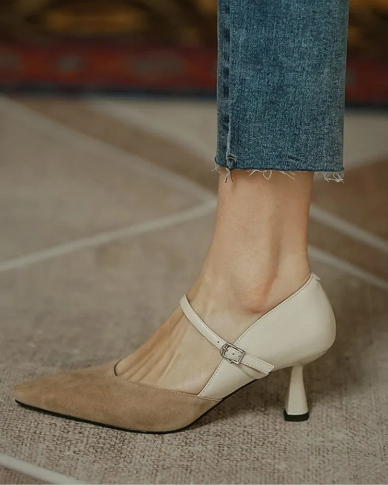 Pointed Toe Colorblock Suede Patch Buckled Heels
