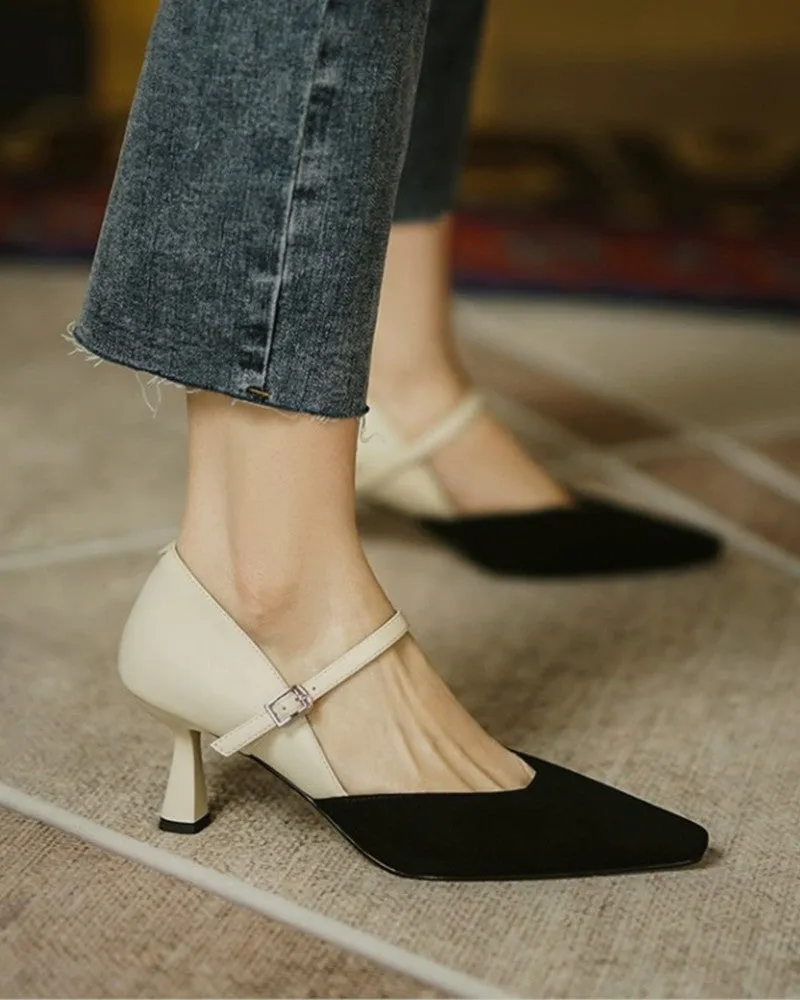Pointed Toe Colorblock Suede Patch Buckled Heels
