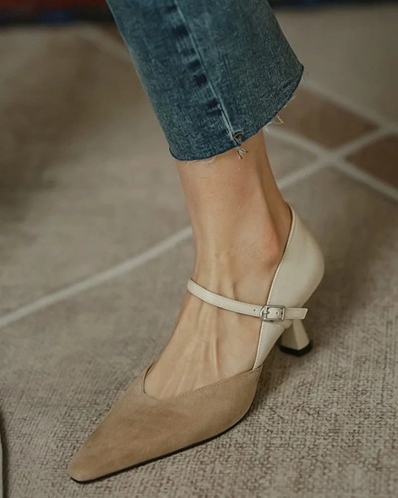 Pointed Toe Colorblock Suede Patch Buckled Heels
