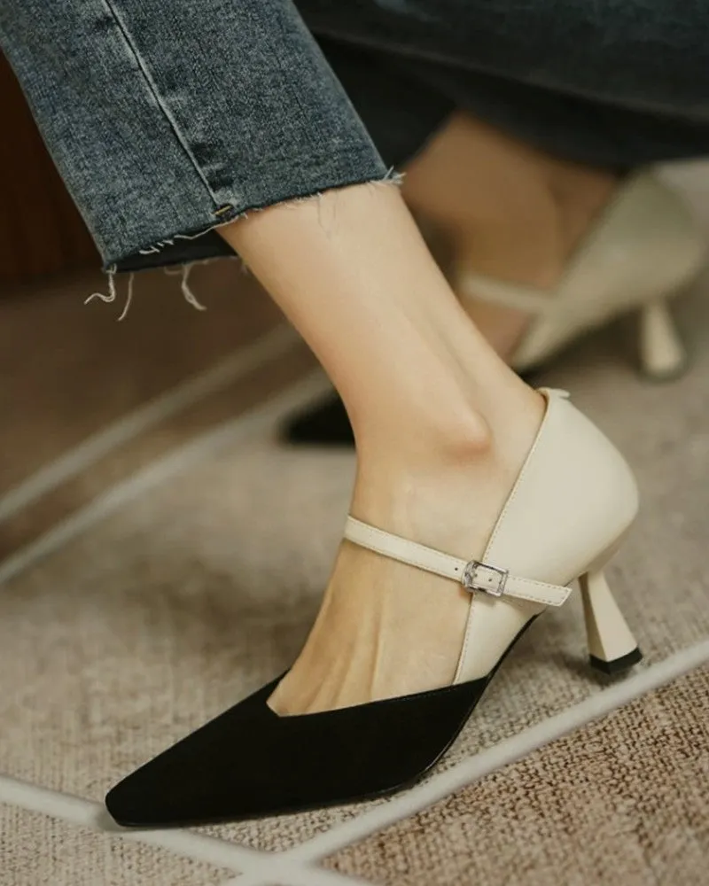 Pointed Toe Colorblock Suede Patch Buckled Heels