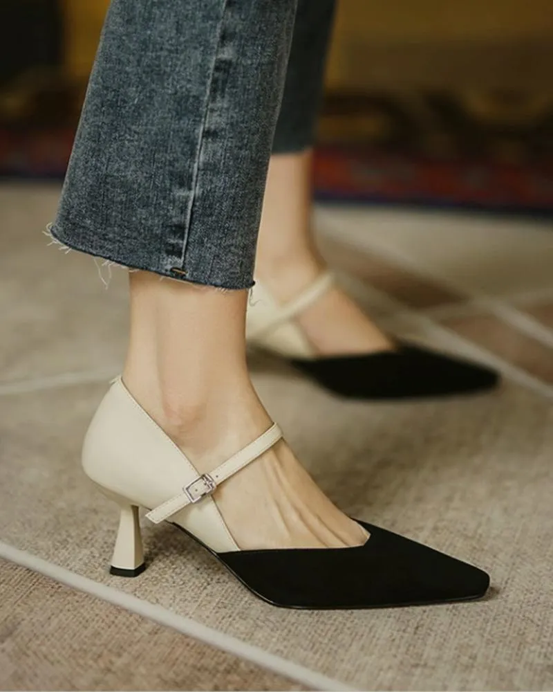 Pointed Toe Colorblock Suede Patch Buckled Heels