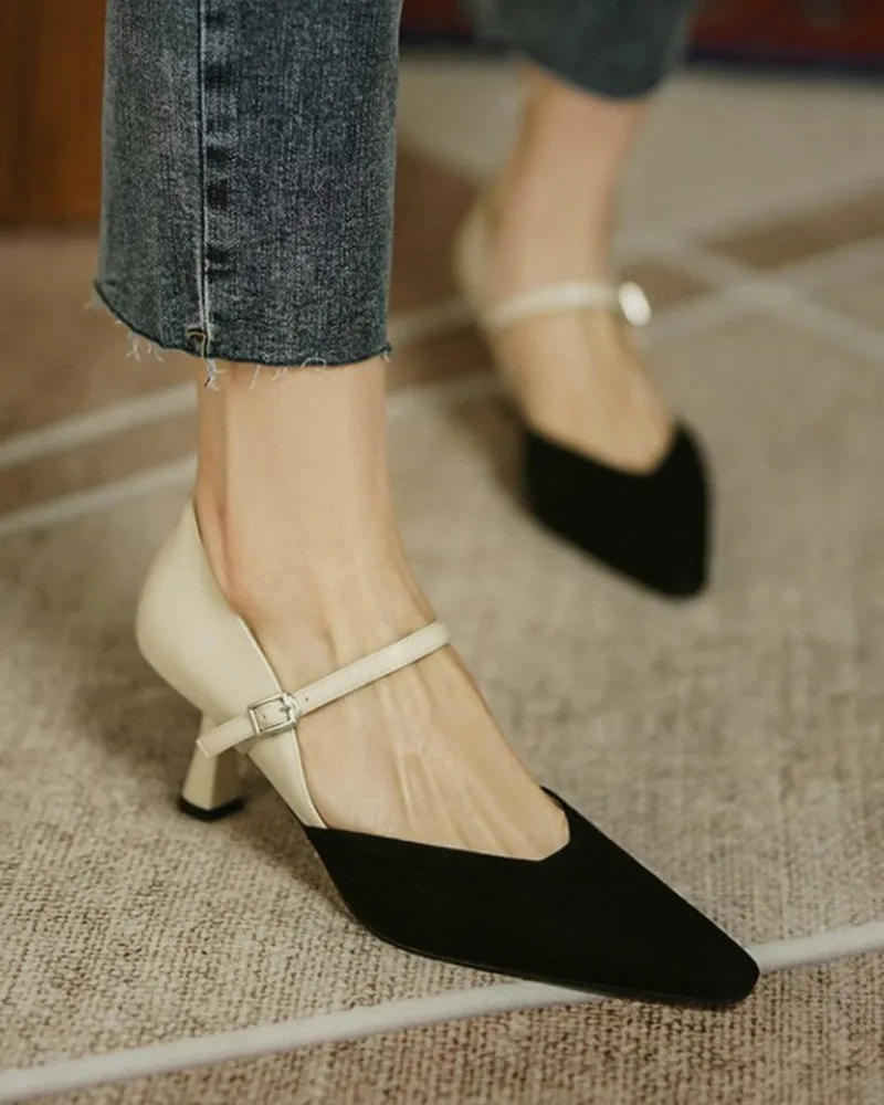 Pointed Toe Colorblock Suede Patch Buckled Heels