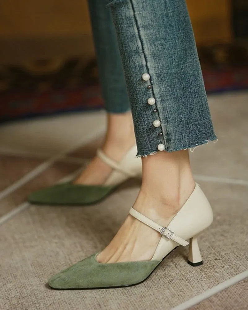 Pointed Toe Colorblock Suede Patch Buckled Heels