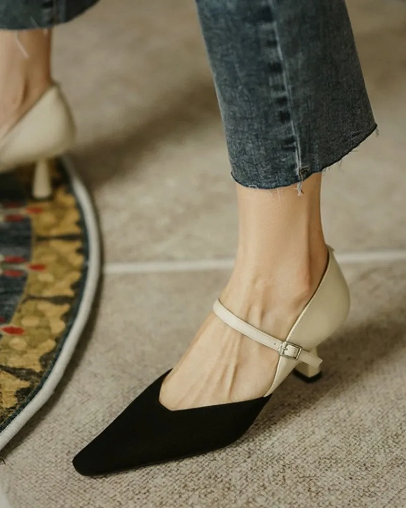Pointed Toe Colorblock Suede Patch Buckled Heels