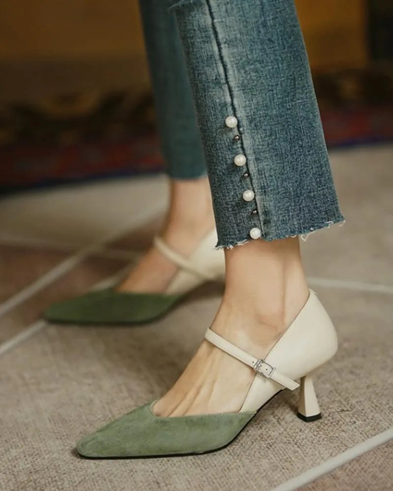 Pointed Toe Colorblock Suede Patch Buckled Heels
