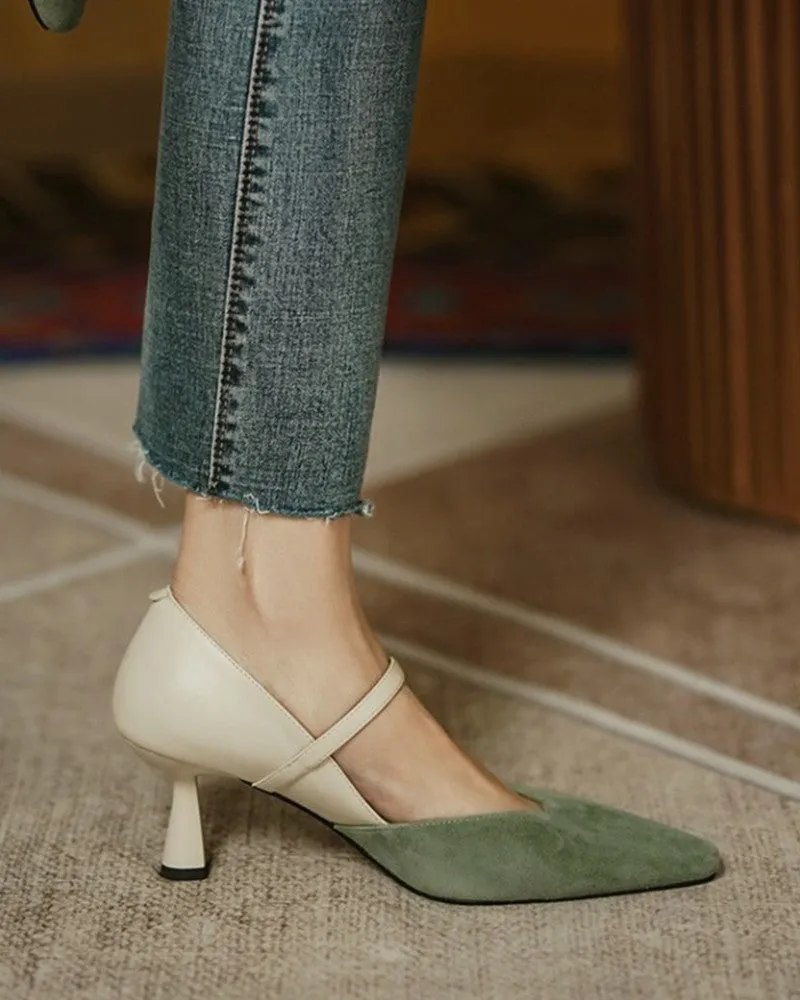 Pointed Toe Colorblock Suede Patch Buckled Heels