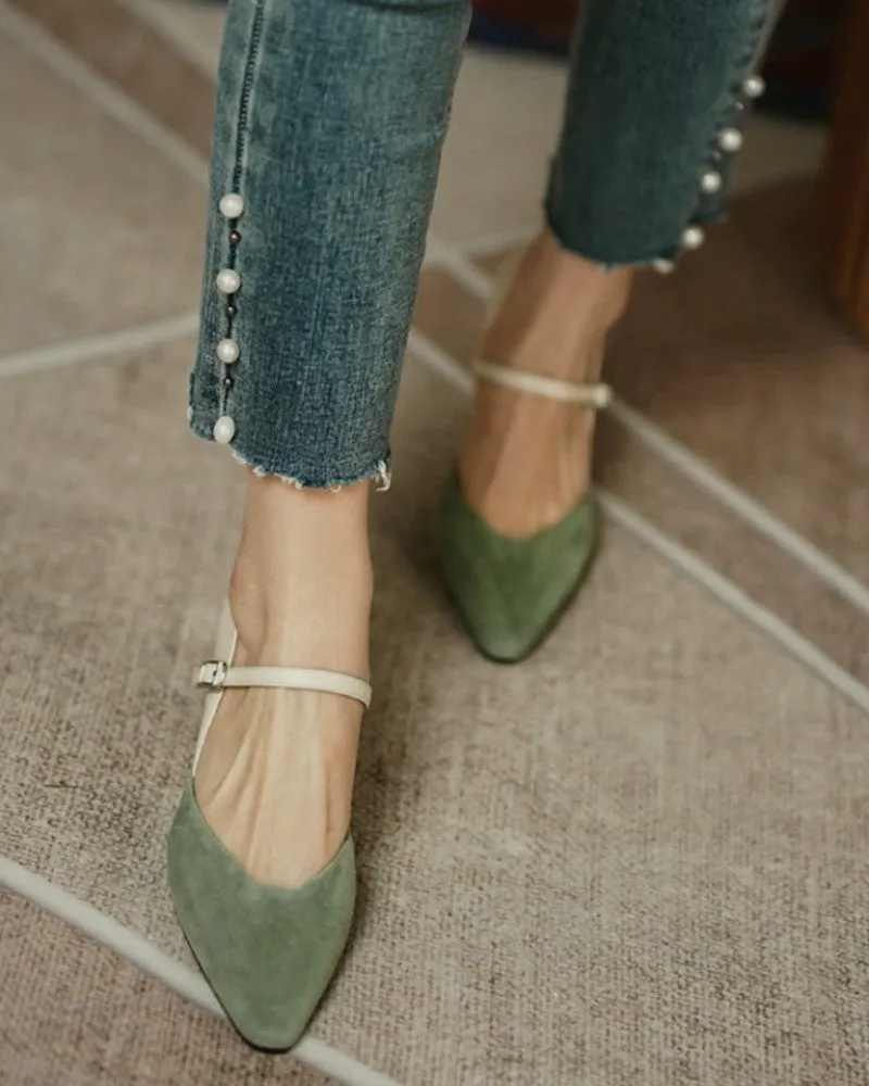 Pointed Toe Colorblock Suede Patch Buckled Heels