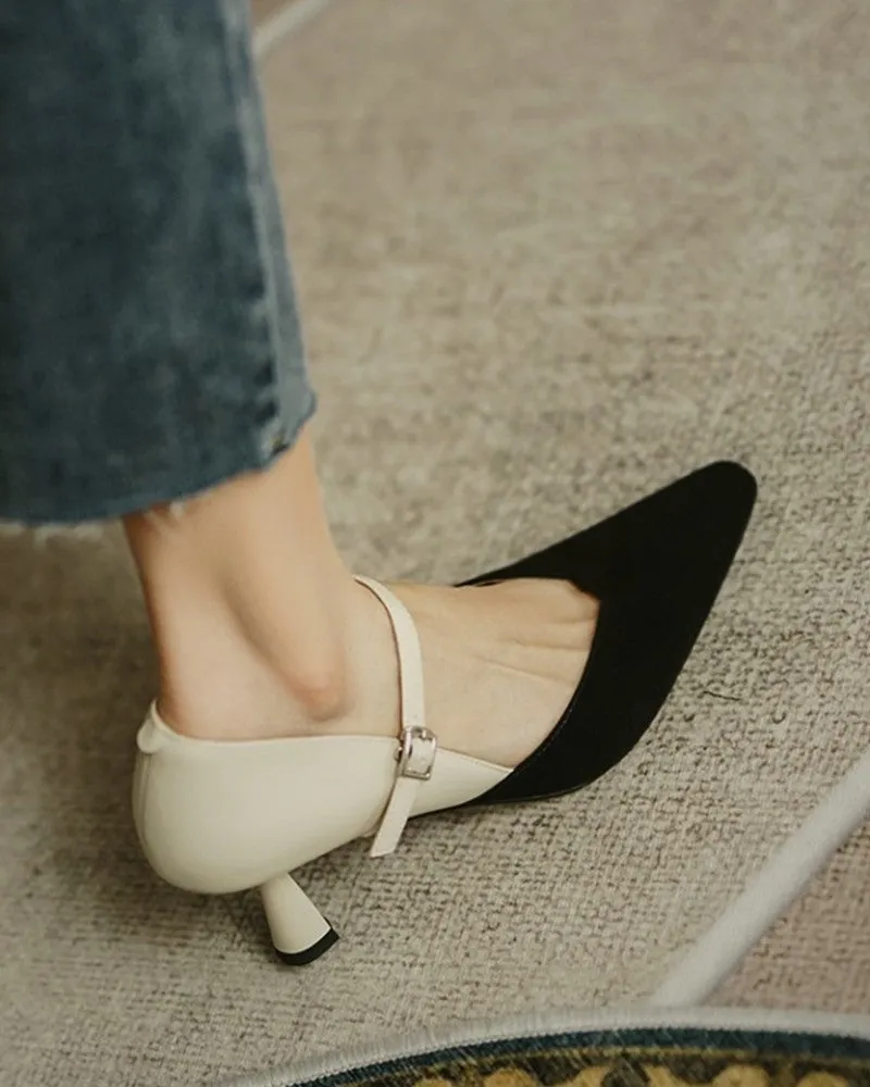 Pointed Toe Colorblock Suede Patch Buckled Heels