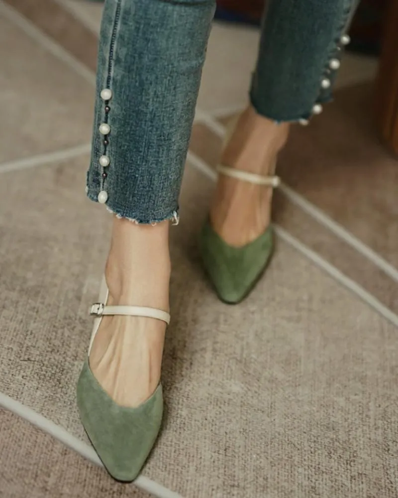 Pointed Toe Colorblock Suede Patch Buckled Heels