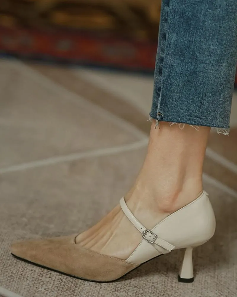 Pointed Toe Colorblock Suede Patch Buckled Heels