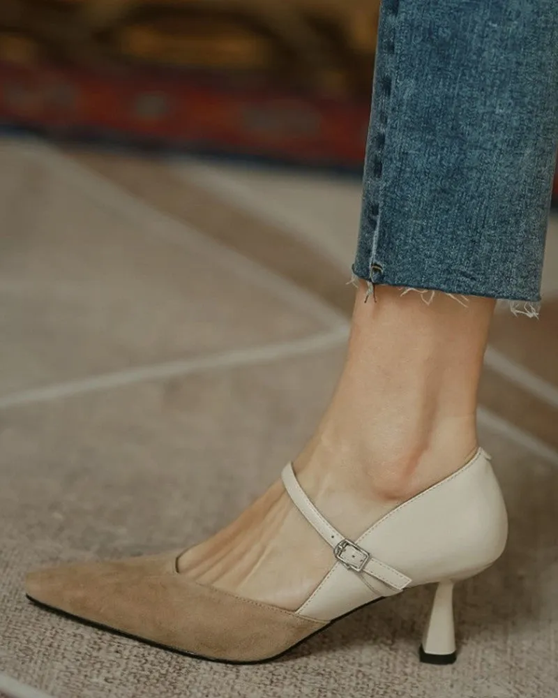 Pointed Toe Colorblock Suede Patch Buckled Heels