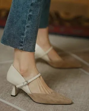 Pointed Toe Colorblock Suede Patch Buckled Heels