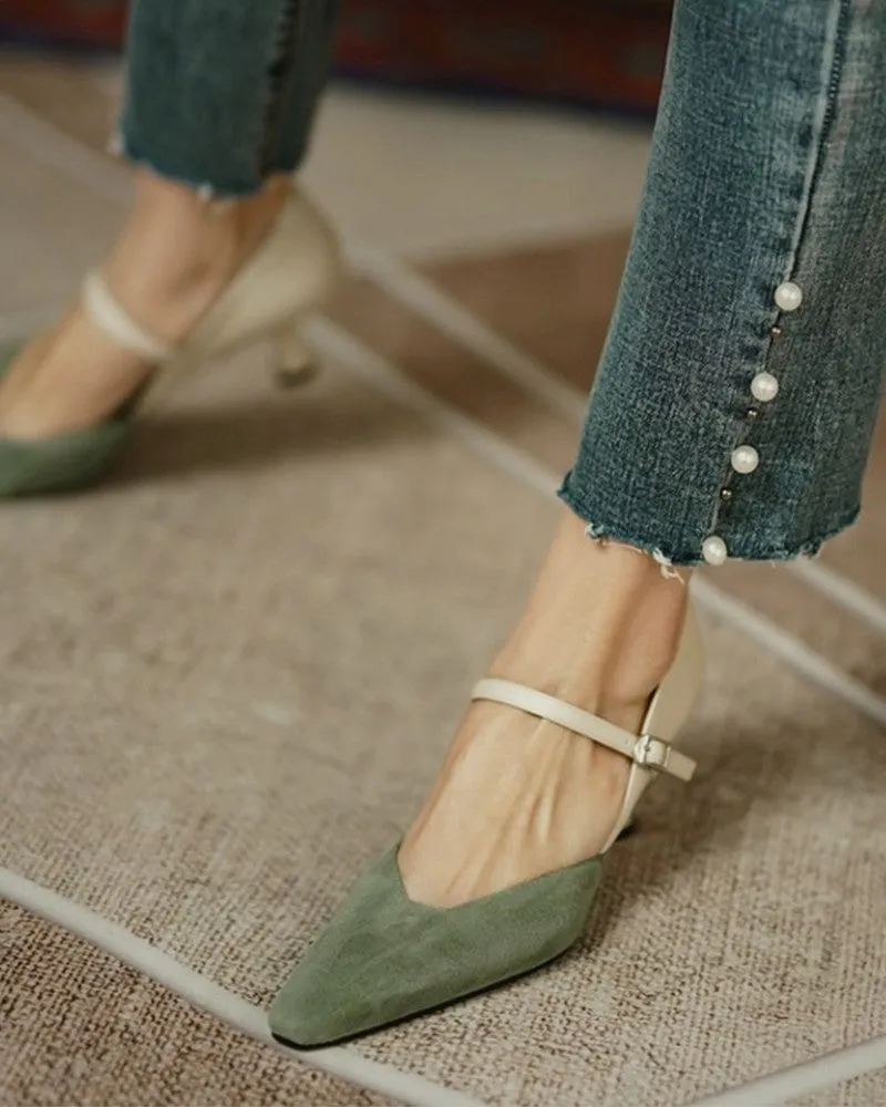 Pointed Toe Colorblock Suede Patch Buckled Heels