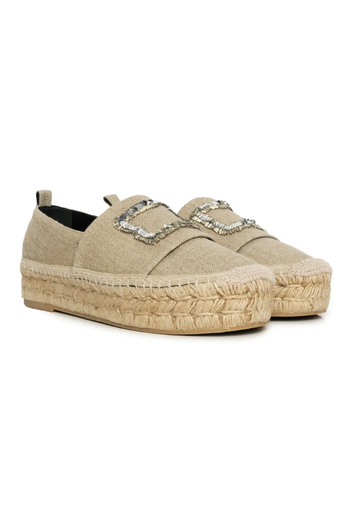 Roger Vivier Size 38 Sequin Embellished Canvas Platform Espadrille Flats