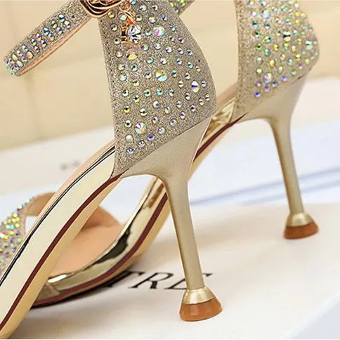 Women's rhinestone crystal high heels sandals ankle strap open toe stiletto heels prom sandals