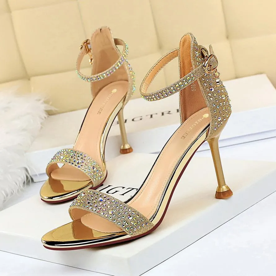 Women's rhinestone crystal high heels sandals ankle strap open toe stiletto heels prom sandals