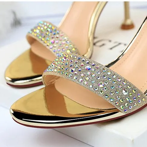 Women's rhinestone crystal high heels sandals ankle strap open toe stiletto heels prom sandals