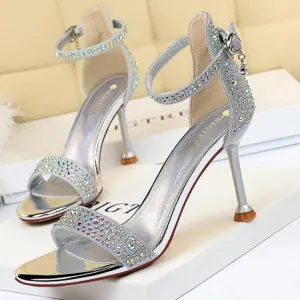 Women's rhinestone crystal high heels sandals ankle strap open toe stiletto heels prom sandals