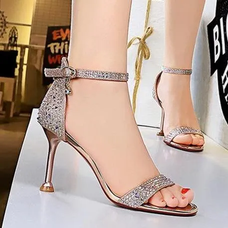 Women's rhinestone crystal high heels sandals ankle strap open toe stiletto heels prom sandals